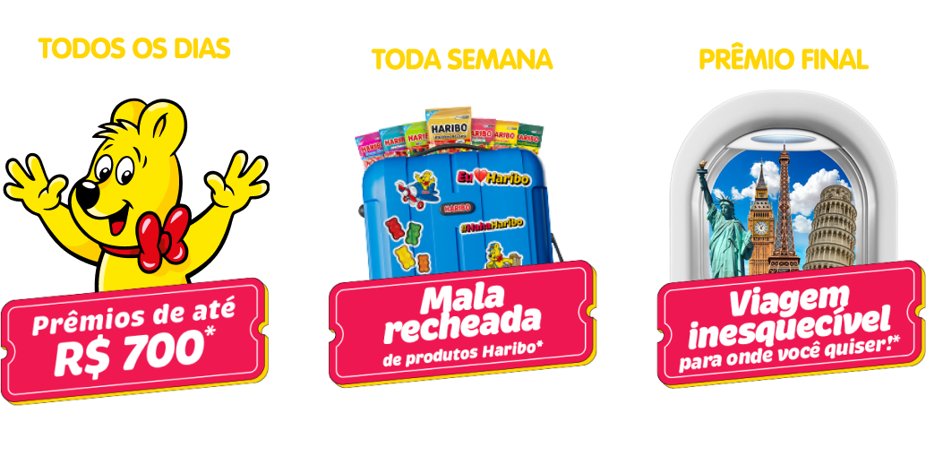 Concorra a prêmios de até R$700, a uma mala recheada de produtos Haribo e a uma viagem inesquecível para onde você quiser